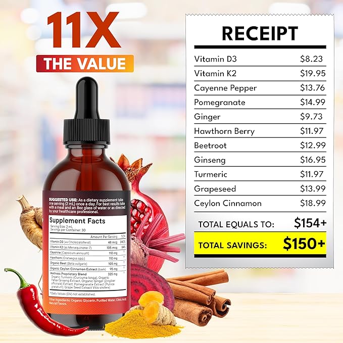 Cayenne Pepper Supplement Liquid Drops + Hawthorn Berry Vitamin D3 K2 Beet Root Powder Ceylon Cinnamon Turmeric Curcumin Organic Panax Ginseng - 8 oz
