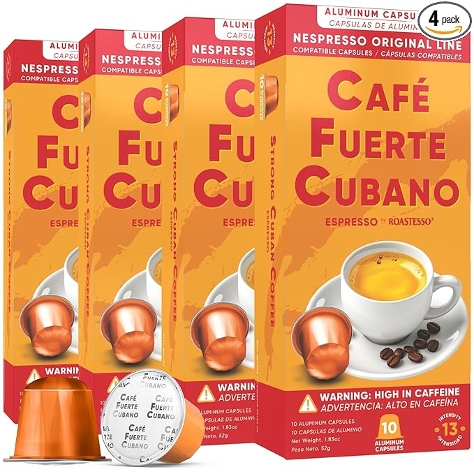 Café Fuerte Cubano Aluminum Espresso Capsules Compatible with Nespresso Original Machines Dark Roast Intensity 13 High Caffeine Recyclable Coffee Pods Roasted and Packaged in USA (40 Count)