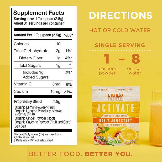 Laird Superfood Morning Jumpstart Powder Drink Supplement Lemon Lucuma Ginger and Cayenne Cleanse Organic 2.7 Oz Bag Pack of 1