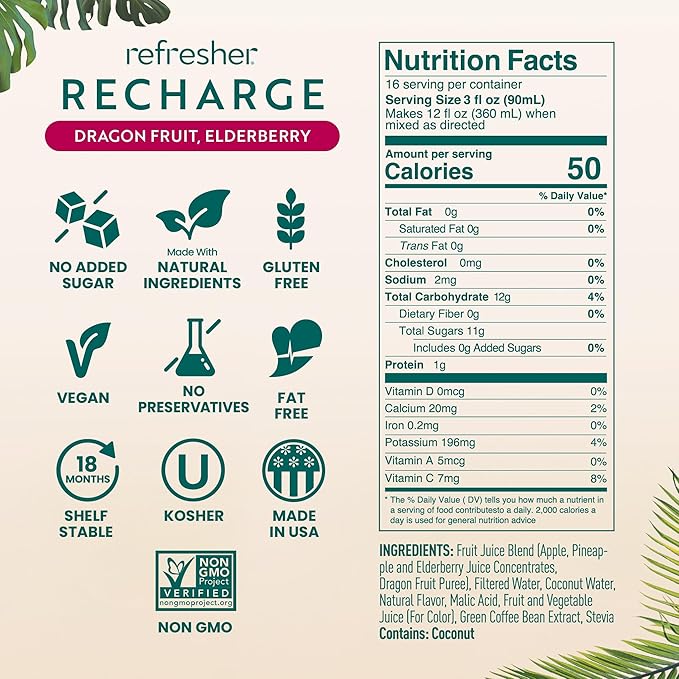 Smartfruit Recharge Refresher – Dragon Fruit Elderberry – Made with Real Fruit Juice No Added Sugar Coconut Water for Hydration Green Coffee Bean Extract for Natural Energy – 48oz Drink Mix