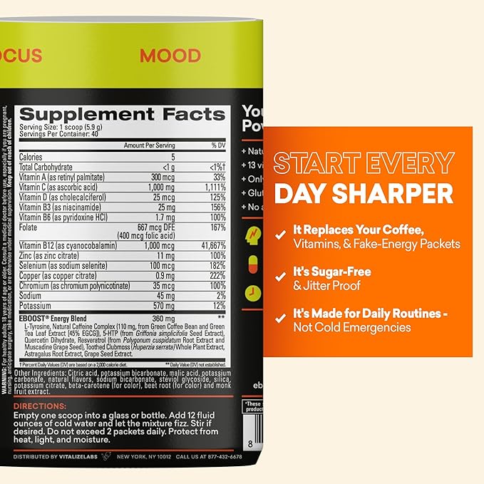 EBOOST Energy Drink &amp Electrolyte Powder Drink Mix - Super Powder Orange with No Added Sugar Blend of Vitamins Nootropics Natural Caffeine &amp Hydration - Pre &amp Post Workout - 40 Serving
