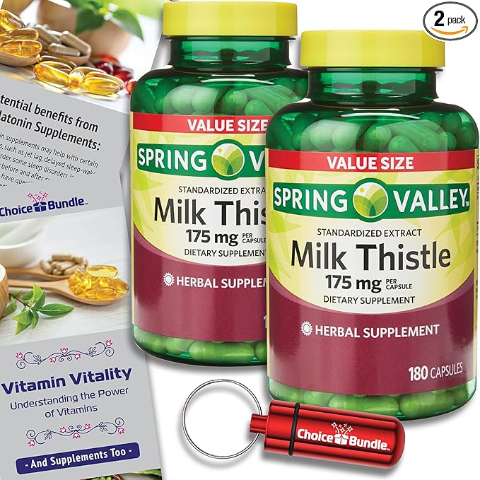CHOICE BUNDLE Spring Valley Standardized Extract Milk Thistle Dietary Supplement Capsules 175 mg 180 Ct 2 pk (360 Total) + Vitamin Guide and Pill Container (4 Items)!