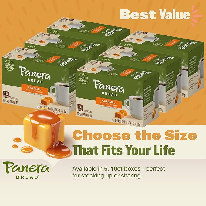 Panera Caramel Coffee Pods Light Roast Cups Keurig Compatible Natural Caramel Flavor 100% Arabica Kosher No Artificial Ingredients 60 Single Serve Pods (6 Packs of 10)