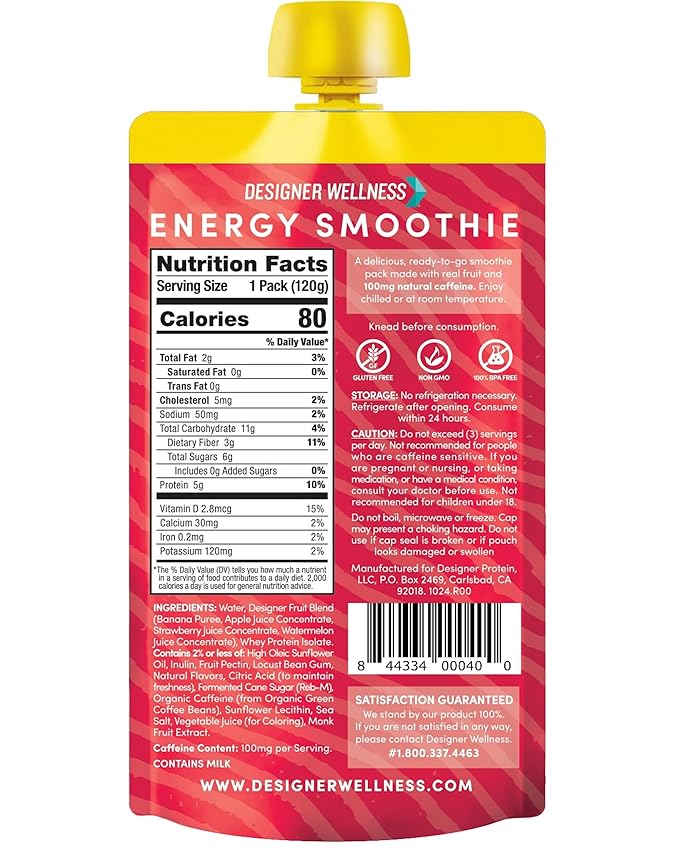 Designer Wellness Energy Smoothie Real Fruit 100mg Natural Caffeine 5g Protein Low Carb Zero Added Sugar Gluten-Free Strawberry Watermelon 12 Count