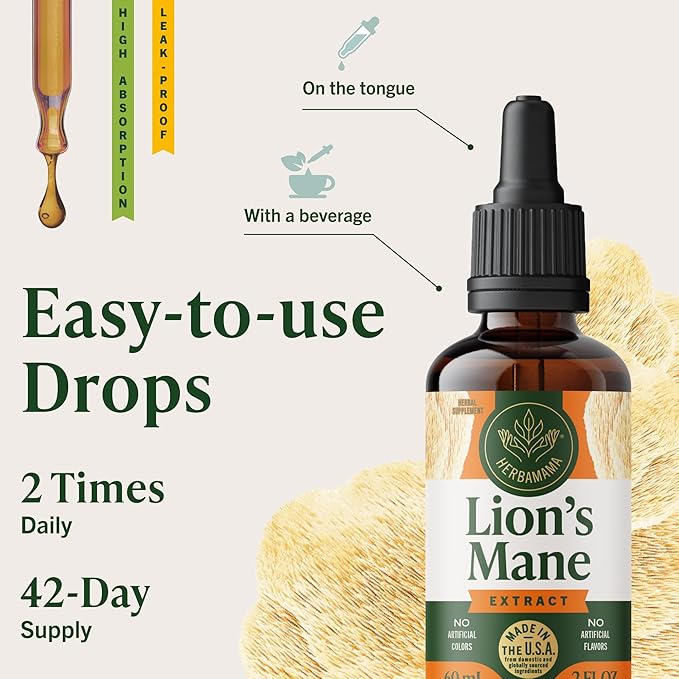 HERBAMAMA Lions Mane Tincture - Vegan Focus &amp Nerve Support with Lion's Mane Mushroom Extract - Hericium Erinaceus Brain Support Supplement - Non-GMO Alcohol &amp Sugar-Free - 42-Day Supply