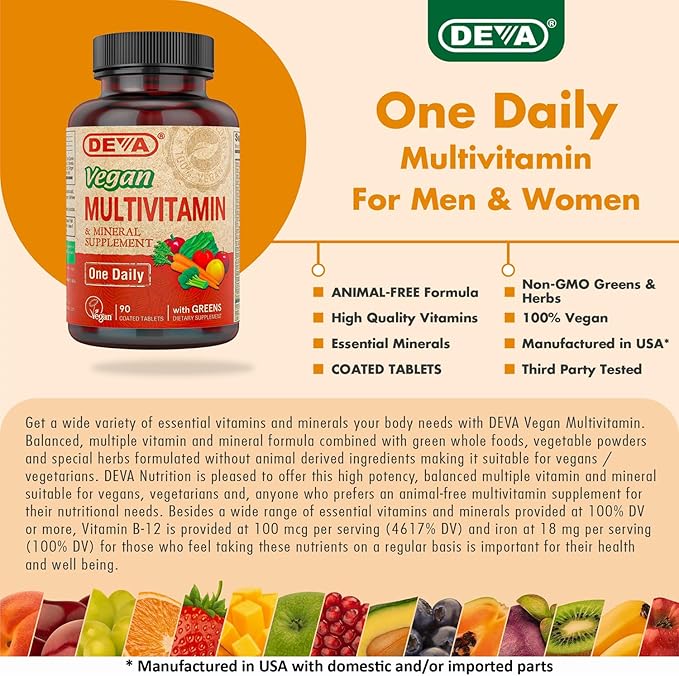 DEVA Vegan Multivitamin &amp Mineral Supplement with Iron 2-Pack Spirulina Chlorella Ashwagandha Broccoli &amp More 90 Coated Tablets Each