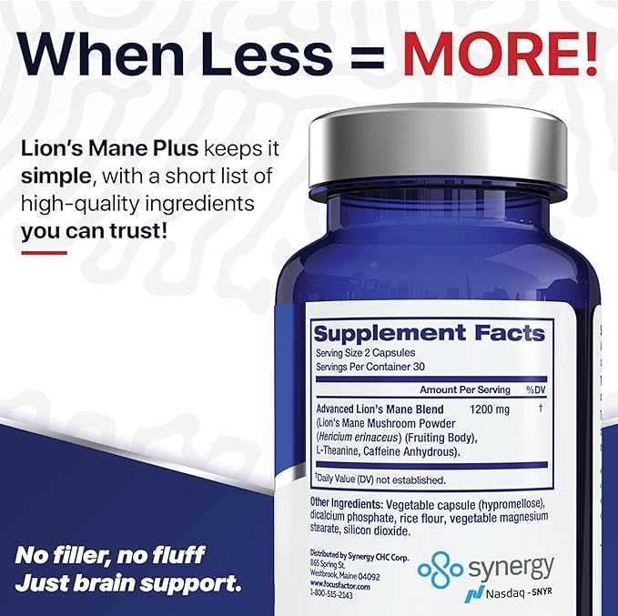 Focus Factor Lions Mane Plus Advanced Nootropic with L-Theanine Caffeine Focus and Energy (60 Count) (Pack of 2)