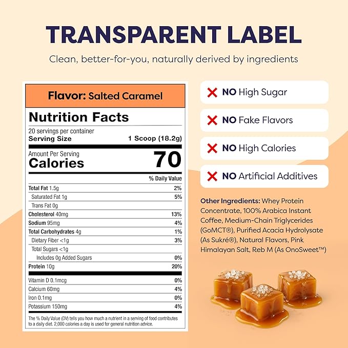 Salted Caramel Protein Iced Coffee - Premium Whey Protein &amp Instant Iced Coffees - 100% Natural Cold Brew - Zero Artificial Flavors &amp Sweeteners 80 mg Caffeine No Added Sugar 20 Servings