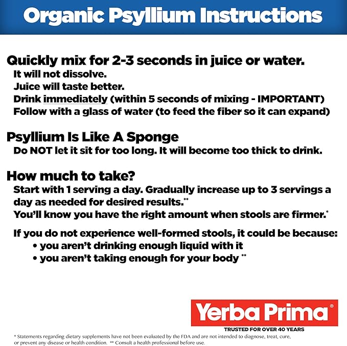 Yerba Prima Organic Whole Psyllium Husks Fiber - 20 oz (Pack of 2) - Natural Daily Dietary Fiber Supplement Colon Cleanser Regularity &amp Detox Cleansing Support Gluten Free Non GMO Vegan