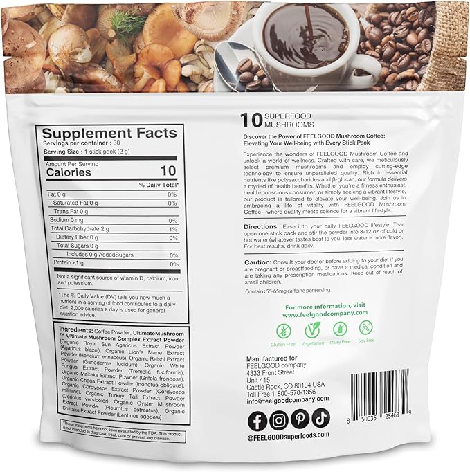 Feelgood Company Mushroom Coffee with 10 Organic Mushrooms and Arabica Coffee 30 Stick Packs Zero Added Sugar Supports Immune Health and Brain Function
