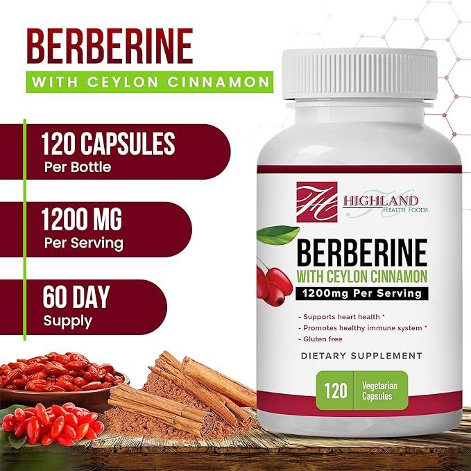 Berberine with Ceylon Cinnamon 1200 mg - Berberine HCL and Cinnamon for Blood Sugar and Metabolic Support - Non-GMO - Natural Support for Healthy Lifestyle - 120 Veg Capsules