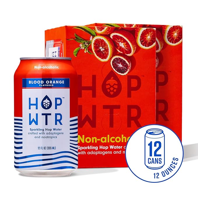 HOP WTR Sparkling Hop Water Blood Orange 12 Pack Sugar Free Low Carb Non Alcoholic Drinks NA Beer Adaptogen Drink No Calories Adaptogens &amp Nootropics for Added Benefits 12 oz Cans