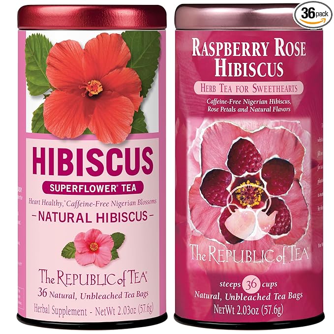 The Republic of Tea – Citizens’ Favorite Hibiscus Herbal Teas - Natural Hibiscus and Raspberry Rose Hibiscus Tea Bundle – 36 Count Tea Bags Each