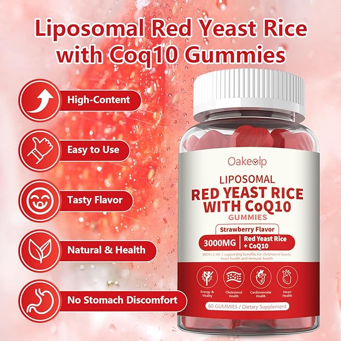 2 Pack Liposomal Red Yeast Rice with Coq 10 3000mg GummiesOrganic Red Yeast Rice Cholesterol Lowering Supplements Enhanced with Coq 10 for Heart Health SupportLiposomal Enhance 98% Absorption