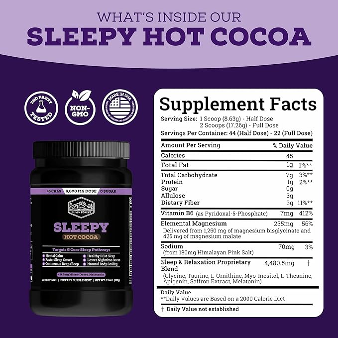 Black Forest Sleepy Hot Cocoa - Magnesium Hot Chocolate Sleepy Cocoa Sleep Powder for Adults with Melatonin &amp L-Theanine - Natural Sleep Drink Mix for Deep Sleep &amp Relaxation Sleep Powder 22