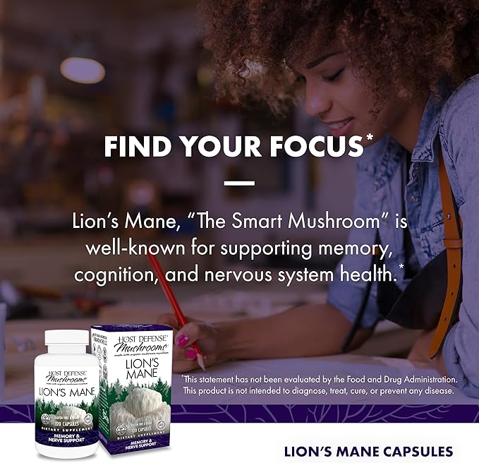 Host Defense Mushrooms Lion's Mane - Supplement Capsules for Brain Health Support - Mushroom Support for Focus &amp Memory Function - Immune &amp Nervous System Supplement - 120 Capsules
