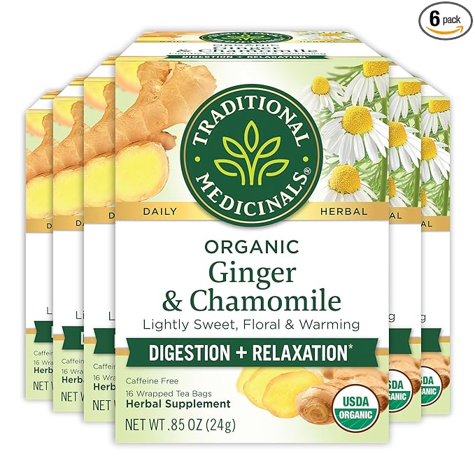 Traditional Medicinals Tea Organic Ginger &amp Chamomile - Occasional Nausea &amp Indigestion Relief - Kosher Non-GMO Caffeine-Free - 96 Count (Pack of 6)