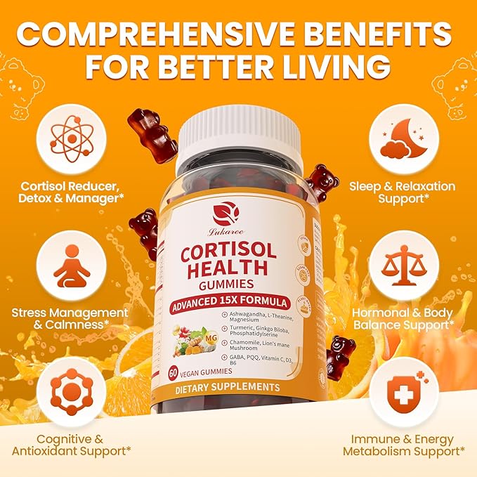 Lukaree Cortisol Supplements for Women &amp Men 15 in 1 Cortisol Reducer Manager Cortisol Calm Gummies with Ashwagandha Magnesium L-theanine GABA - for Mood Focus Sleep - Vegan Sugar Free 2 P