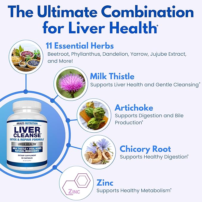 Arazo Nutrition Liver Cleanse Detox &amp Repair Formula – Milk Thistle Herbal Support Supplement: Silymarin Beet Artichoke Dandelion Chicory Root