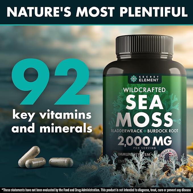 Sea Moss Capsules - Irish Sea Moss Advanced with Burdock Root Bladderwrack &amp Muira Puama for Immunity Gut &amp Energy - Superfood Sea Moss Supplements w/Raw Sea Moss Powder 120 Capsules (3 P