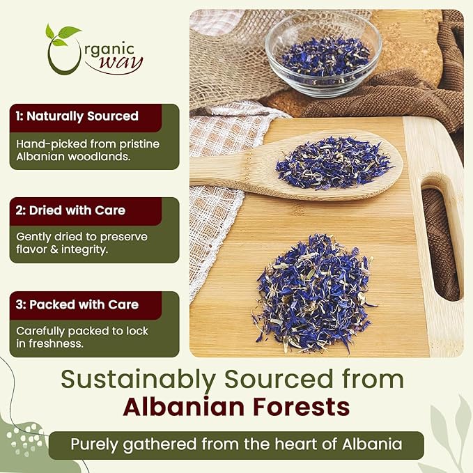 Organic Way Premium Cornflower Blue Whole (Centaurea Cyanus) - Herbal Tea | European Wild-Harvest | USDA &amp Kosher Certified | Vegan Non GMO &amp Gluten Free | Origin - Albania (8 Oz)