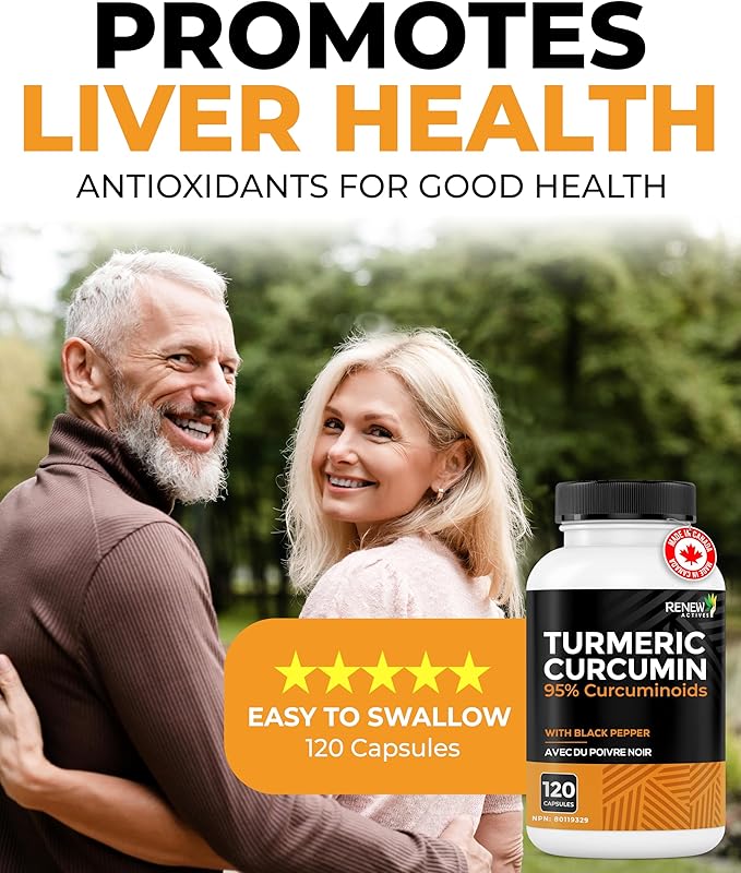 Renew Actives Turmeric Curcumin with Black Pepper – 600MG Turmeric Root 100MG Curcuminoids per 2 Capsules – Supports Digestion Liver Health Joint Relief &amp Mobility – Made in Canada – 120 Capsul