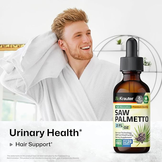 BIO KRAUTER® Saw Palmetto for Men &amp Women - Pure Vegan Liquid Drops Saw Palmetto 670 mg per Serving 2 Fl.Oz 28-Day Supply - Prostate Health Supplements for Men &amp DHT Blocker* - Alcohol &amp S