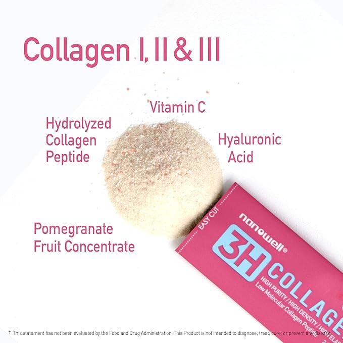 NANOWELL 3H Collagen Peptide 60 Sticks X 2 Boxes for 2 Months - I II &amp III with Vitamin A C E Hydrolyzed Elastin Peptide and Hyaluronic Acid - Hair Nail Skin and Joint Support (120 Count)