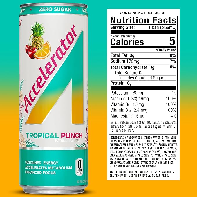 Accelerator Energy Drink Tropical Punch 12oz can (12 pack) Zero Sugar Sustained Energy from 100% Natural Caffeine (200mg from Green Coffee Bean &amp Green Tea extract)