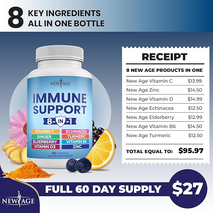 NEW AGE 8 in 1 Immune Support Booster Supplement with Echinacea Vitamin C and Zinc 50mg Vitamin D 5000 IU Turmeric Curcumin &amp Ginger B6 Elderberry 60 Count (Pack of 1)