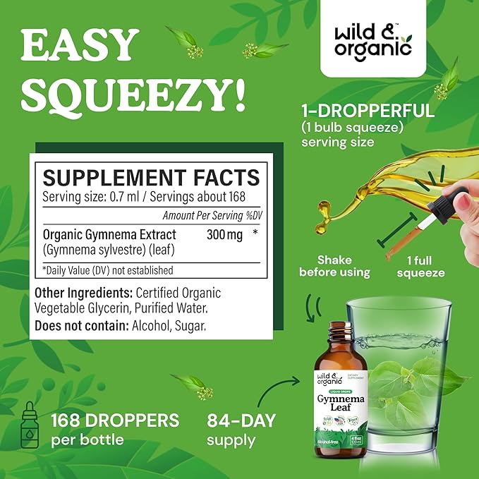 Wild &amp Organic Gymnema Sylvestre Extract Drops - Sugar-Free Gymnema Sylvestre Supplements - Gurmar Powder Based Tincture - Vegan Alcohol-Free Leaf Liquid Drops - 4 fl oz