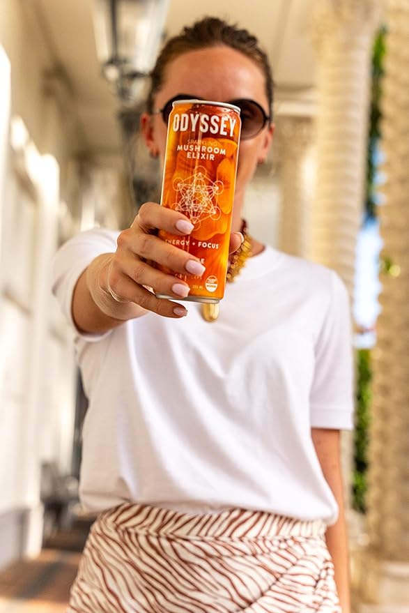 Odyssey Elixir Sparkling Adaptogen Drink Low Calorie Drinks with L Theanine Lions Mane Cordyceps and Green Tea Caffeine for Energy and Focus Non-GMO Vegan12 Fl oz 4 Pack (Orange Ginger)