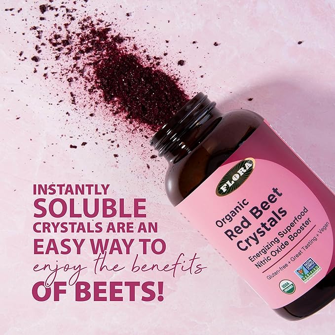 Flora - Organic Red Beet Crystals Energizing Superfood Nitric Oxide Booster Vegan Equals 5.5 lbs. of Red Beets Pressed from Fresh Harvested Organic Beets 7-oz. Powder