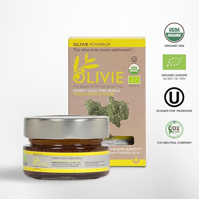 Organic Olive Leaf Extract Capsules PowerUp Pearls by OLIVIE Hydroxytyrosol Supplement Antioxidant Polyphenols Immune &amp Brain Support 100g