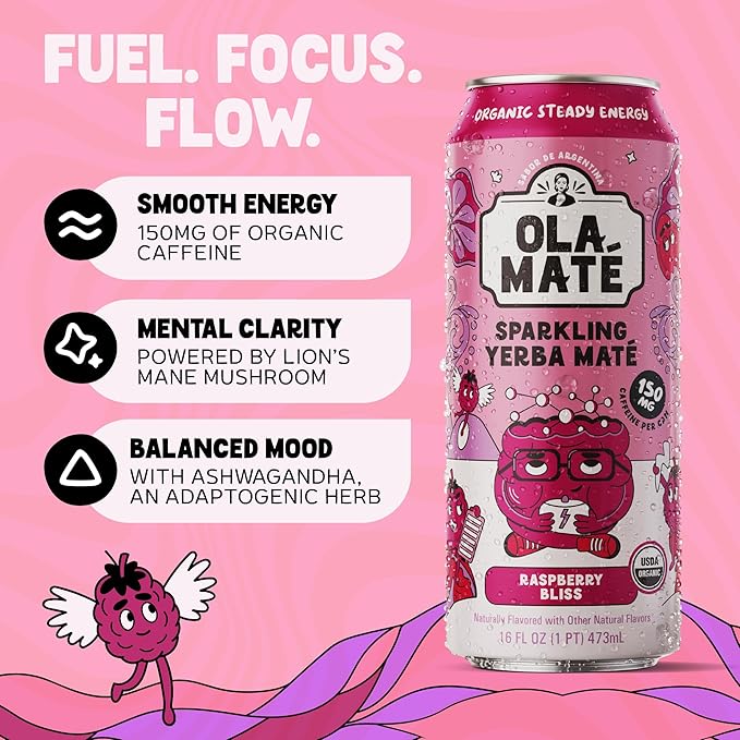 Yerba Mate Energy Drink - Low Sugar Sparkling Tea Cans with Ashwagandha Lion’s Mane USDA Organic Clean Energy Drink with 150mg Natural Caffeine Ola Mate Raspberry