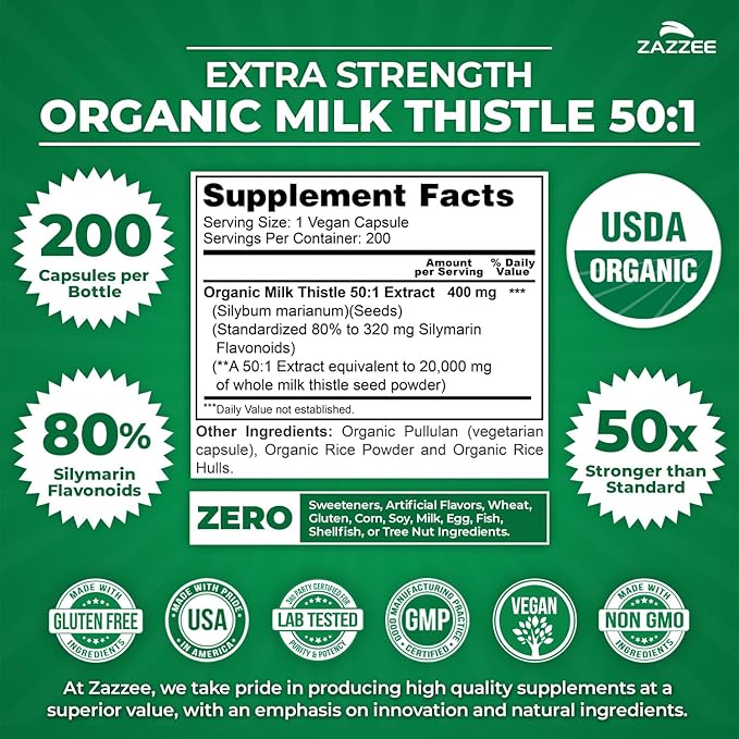 Zazzee USDA Organic Milk Thistle 50:1 Extract 80% Silymarin Flavonoids 200 Vegan Capsules 6+ Month Supply Silybum Marianum Liver Support &amp Detox Support Organic All-Natural Non-GMO Made in