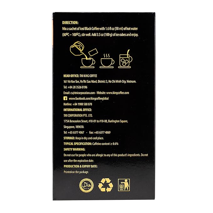 King Coffee Iced Black Instant Coffee - Finely Ground Robusta and Arabica Blend from Vietnam | 10 Sachets (0.56 oz/16g each) | 5.6 oz (Pack of 3)