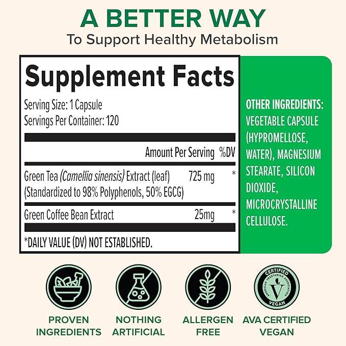 Zenwise Health Green Tea Extract Capsules for Men &amp Women - EGCG Supplement with Green Coffee Bean Extract Boosts Energy &amp Memory - Immune Support for Skin Brain &amp Hearth Health - Vegan -