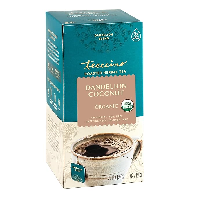 Teeccino Dandelion Root Tea Sampler - Caramel Nut Mocha Mint Coconut - Caffeine-Free Roasted Herbal Tea with Prebiotics Gluten Free - 25 Tea Bags (Pack of 3)