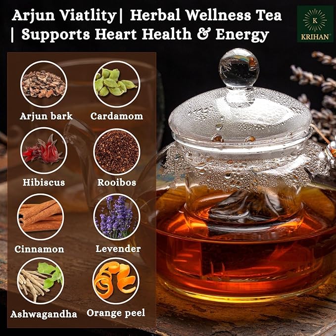 KRIHAN Organic Arjuna Herbal Tea – 40 Tea Bags (80g) | Terminalia Arjuna for Heart Health Blood Pressure &amp Cardiovascular Support | Caffeine-Free Non-GMO Plant-Based Arjun ki Chaal Tea