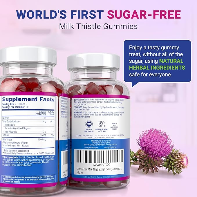 Sugar-Free Milk Thistle Gummies for Liver Cleanse Detox &amp Repair (Natural Blueberry-Raz Flavor) Cardo Mariano Cleansing Milk Thistle Supplement Antioxidant Support Vegan Replaces Pills &amp C
