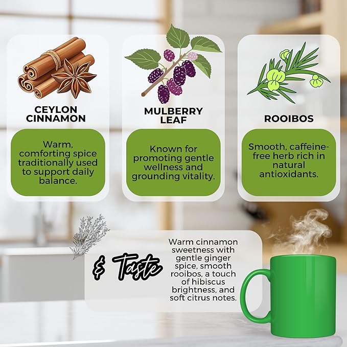 Sweet &amp Steady Organic Herbal Tea with Cinnamon Rooibos &amp Mulberry Leaf | Daily Balance &amp Vitality Loose Leaf Tea – 2 oz (57 g) | Caffeine-Free Vegan No Artificial Flavors | Get Green