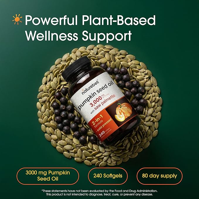 NatureBell Pumpkin Seed Oil 3000mg with Saw Palmetto - 240 Softgels - Rich in Omega-6 &amp Omega-9 - Supplement for Heart Brain Hair &amp Bladder Health*
