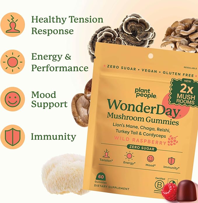 WonderDay Extra Strength Mushroom Gummies – Sugar Free Lion’s Mane Cordyceps Reishi &amp Chaga Supplement for Adults – Mood Boost Energy Focus Immune Support &amp Gut Health – Vegan Non-GMO (6