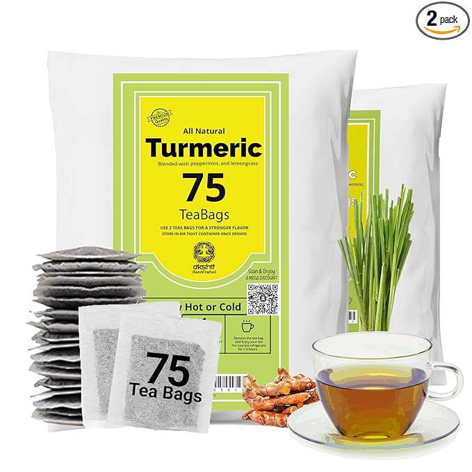 Akshit 150 Turmeric Tea Bags Te De Curcuma Natural Turmeric Tea with Black Pepper Blend Caffeine Free Herbal Tea Sugar Free Non-Gmo.