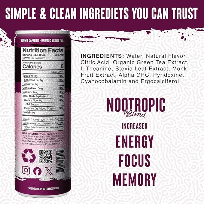 Wild Society Natural Energy Drink + Nootropics (12 pack) - 100 mg Organic Caffeine from Green Tea - Zero Sugar &amp Zero Calories - Monk Fruit Sweetened - Clean Ingredients - Fuel Mind &amp Body - B