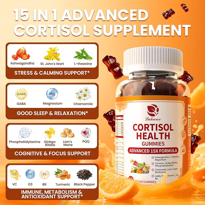 Lukaree Cortisol Supplements for Women &amp Men 15 in 1 Cortisol Reducer Manager Cortisol Calm Gummies with Ashwagandha Magnesium L-theanine GABA - for Mood Focus Sleep - Vegan Sugar Free 2 P