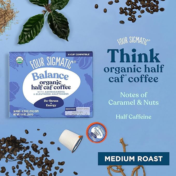 Four Sigmatic Adaptogen Coffee K-Cups | Organic Medium Roast Ground Coffee with Ashwagandha Eleuthero Chaga &amp Tulsi | Immune Support &amp Stress Relief | Keto | 24 Count