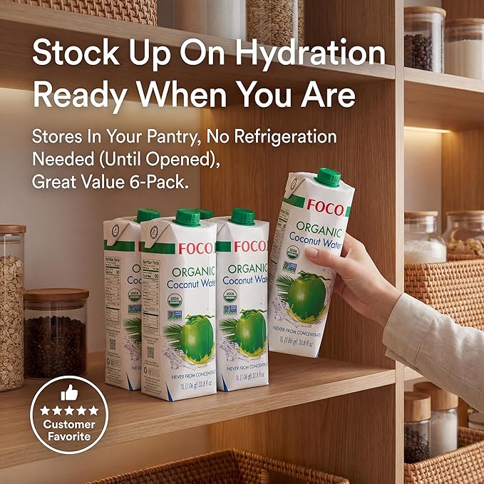FOCO UHT Organic Coconut Water 33.8 Fl Oz Pack of 6 NON-GMO Never from Concentrate