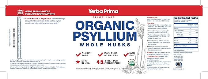 Yerba Prima Organic Psyllium Whole Husks Colon Cleanser - 20 oz - Natural Daily Dietary Fiber Supplement 20oz Colon Cleanser Regularity &amp Detox Cleansing Support Gluten Free Non GMO Vegan